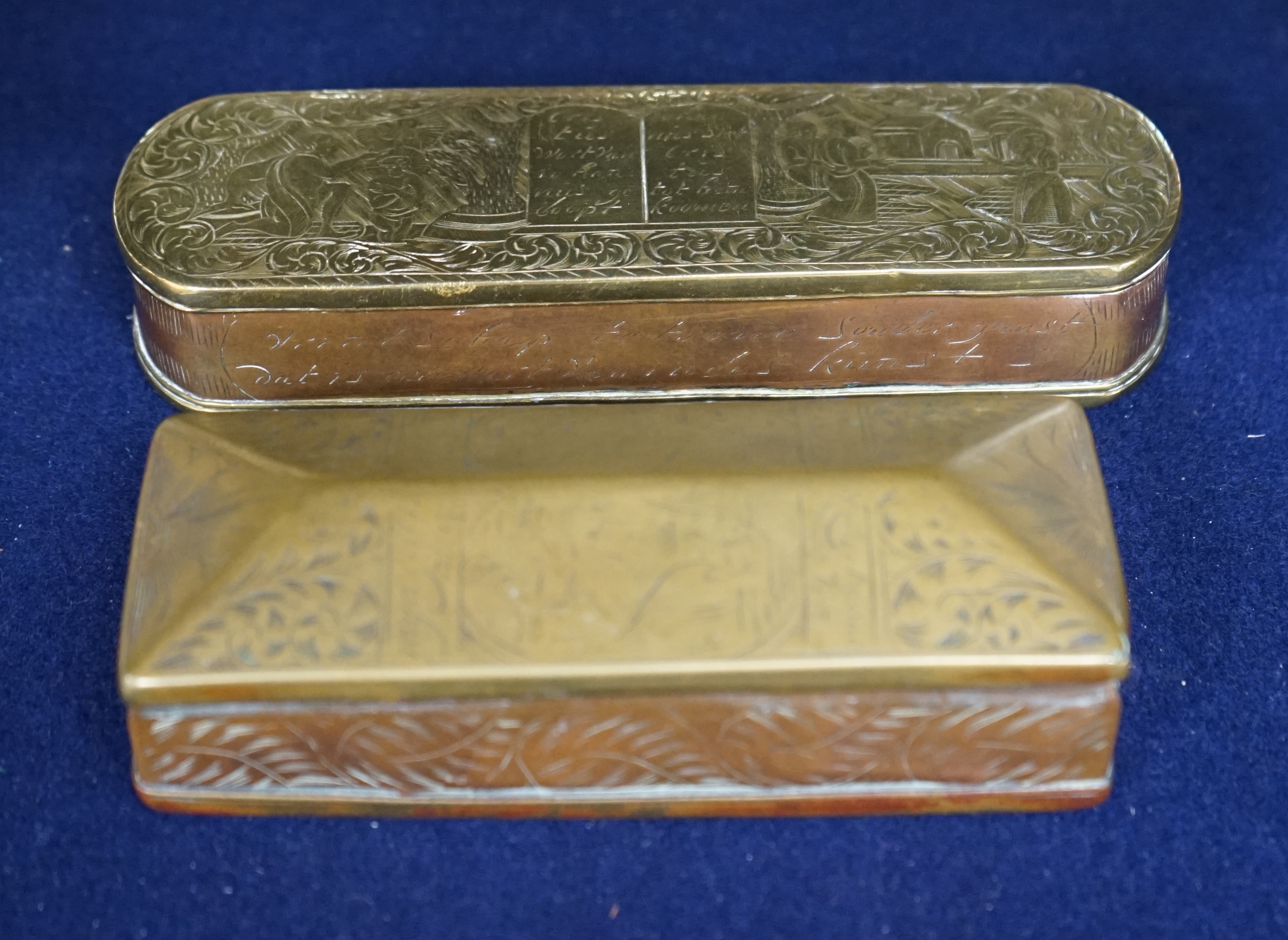 Two 18th century Dutch brass and copper tobacco boxes, longest 15.5cm. Condition - fair